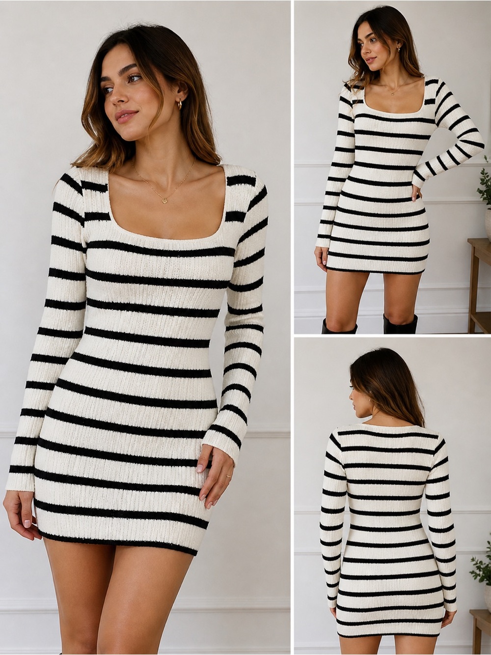 Dynamite Black & White Striped Knit Mini Dress-Scoop Neck Bodycon Size M Crochet
